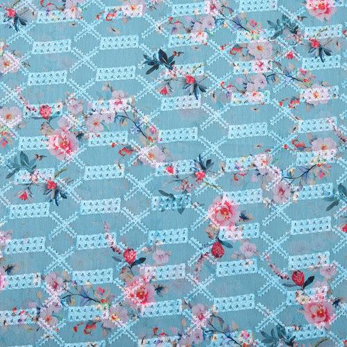 Blue Flower Printed Embroidered Georgette Hakoba Fabric