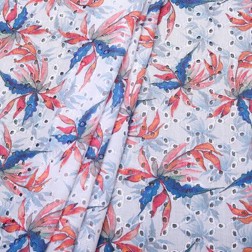 Blue Printed Leaves Embroidered Hakoba Fabric