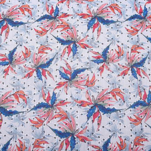 Blue Printed Leaves Embroidered Hakoba Fabric