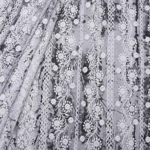 Grey Cosmos Embroidered Hakoba Fabric