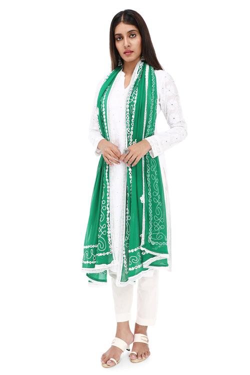 GREEN FLORAL MIRROR EMBROIDERED DUPATTA