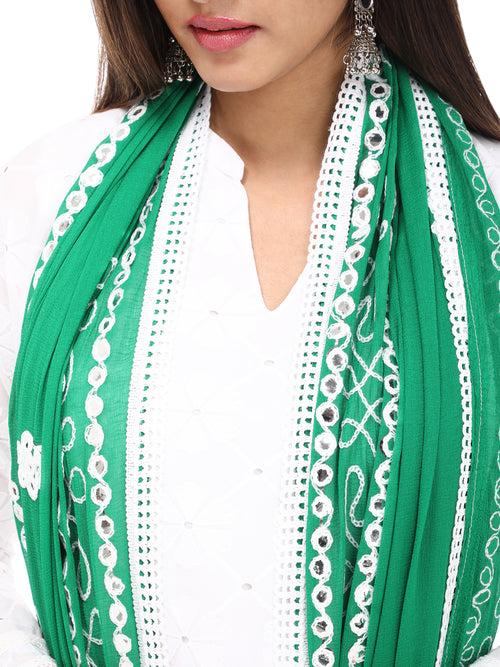 GREEN FLORAL MIRROR EMBROIDERED DUPATTA