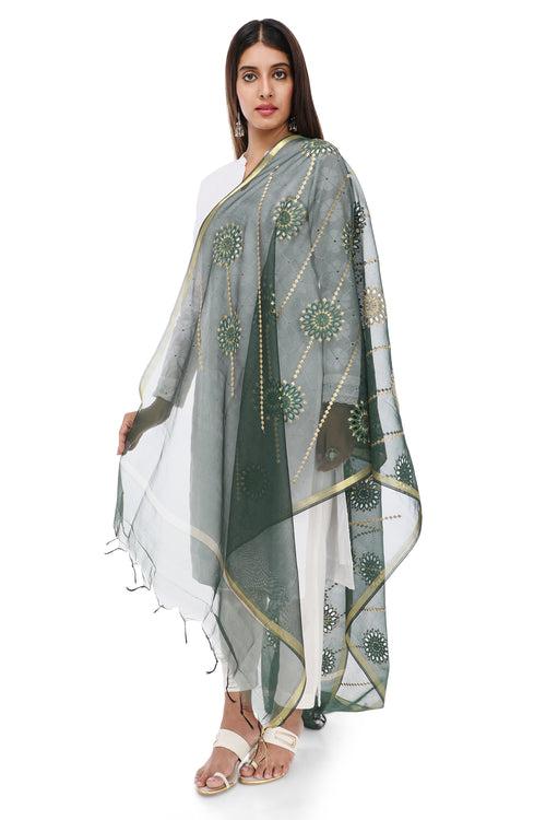 GREEN FLOWER DROPLET EMBROIDERED DUPATTA