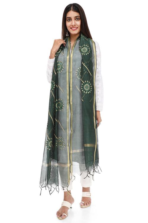 GREEN FLOWER DROPLET EMBROIDERED DUPATTA