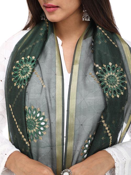 GREEN FLOWER DROPLET EMBROIDERED DUPATTA