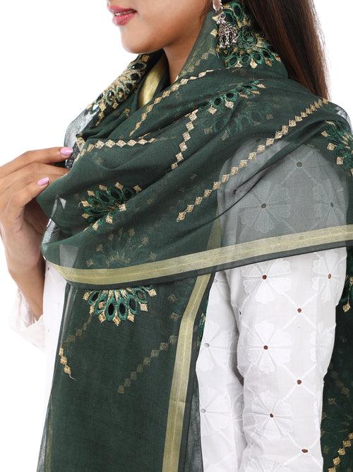 GREEN FLOWER DROPLET EMBROIDERED DUPATTA