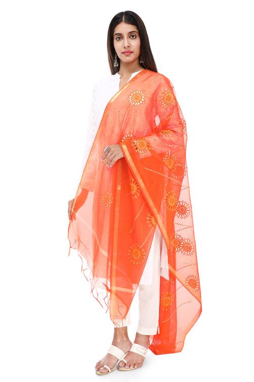 ORANGE FLOWER DROPLET EMBROIDERED DUPATTA