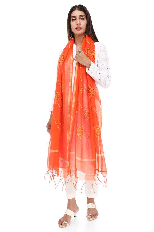 ORANGE FLOWER DROPLET EMBROIDERED DUPATTA