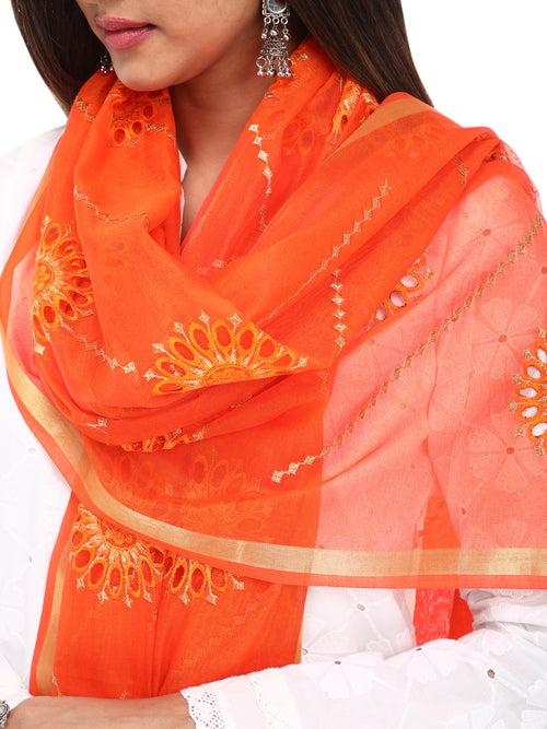 ORANGE FLOWER DROPLET EMBROIDERED DUPATTA