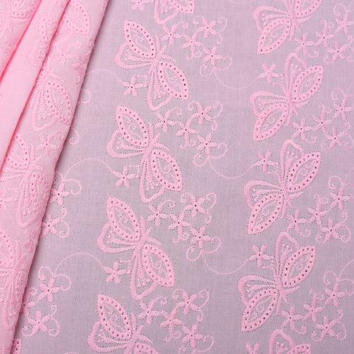 Pink Butterfly Embroidered Premium Cotton Fabric