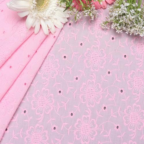 Pink Floret Embroidered Premium Cotton Fabric