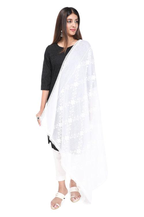 WHITE FLORAL CRISSCROSS EMBROIDERED DUPATTA