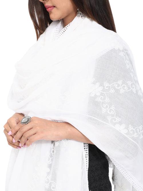 WHITE FLORAL CRISSCROSS EMBROIDERED DUPATTA