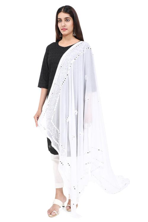 WHITE FLORAL MIRROR EMBROIDERED DUPATTA