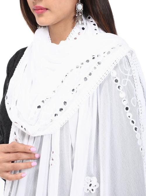 WHITE FLORAL MIRROR EMBROIDERED DUPATTA