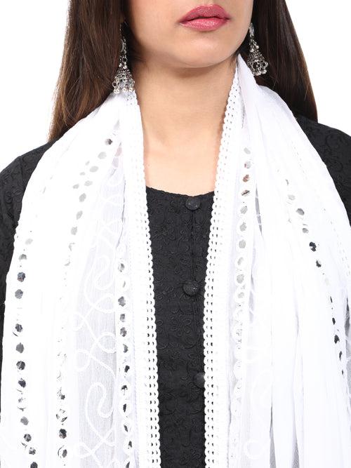 WHITE FLORAL MIRROR EMBROIDERED DUPATTA