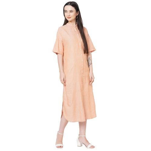 Mustard Mandarin Collar Half Sleeves Stripped Dress For Women