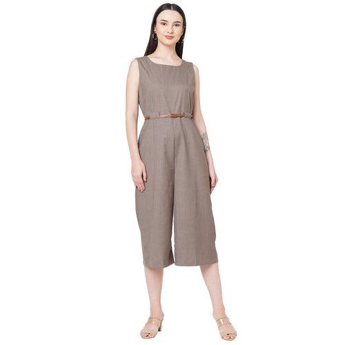 Coffee Round Neck Solid Jumpsuit