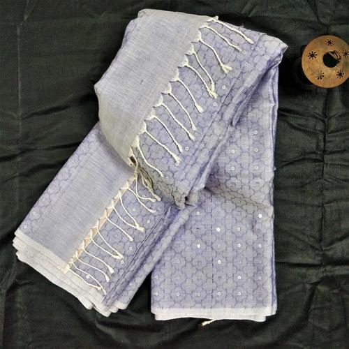 Ice Blue Cotton Saree with Woven Sequence