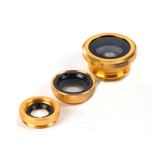 Universal 3 in 1 Lens Kit for Mobile Cell Phones Clip on 180° Fisheye 0.67x Wide Angle and 4x Macro Lens - Golden