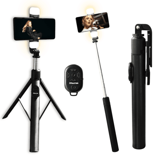 iVoltaa Super Long Extendable Selfie Stick Tripod with Detachable Wireless Remote and LED Flash Lights, in-Built Tripod for Smartphones and Go-Pro