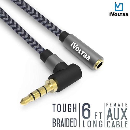 iVoltaa 3.5mm Metal Braided Male to Female Aux (Auxiliary) Audio Cable - 6 Feet (1.8 Meters) - Space Grey