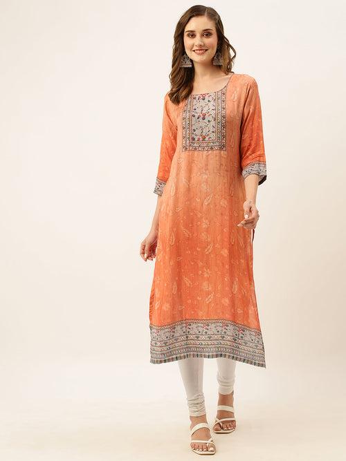 ZOLA Exclusive Round Neck Muslin All Over Floral Print Peach Straight Kurta For Women