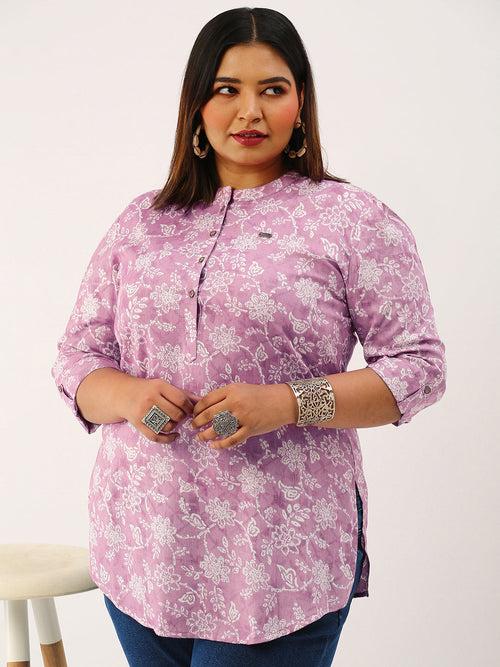 ZOLA Exclusive Mandarin Collar Rayon All Over Floral Dabu Print Pink Straight Tunic For Women