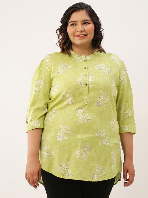 ZOLA Exclusive Mandarin Collar Rayon All Over Floral Print Green Straight Tunic For Women