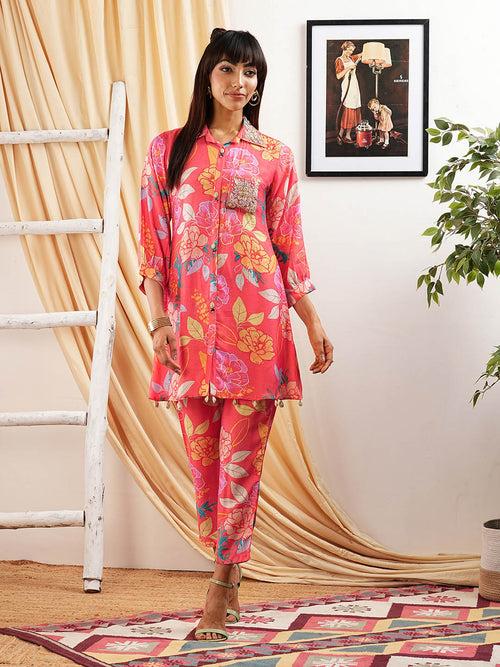 ZOLA Shirt Collar Neck Muslin Floral Print 3/4th Sleeves Hot Pink Straight Co Ord Set For Women