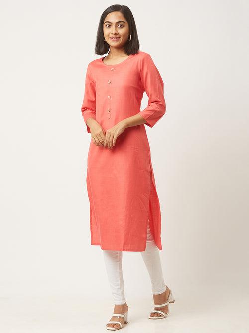 ZOLA Pink Cotton Straight Solid Coloured Kurti With Pockets For Women