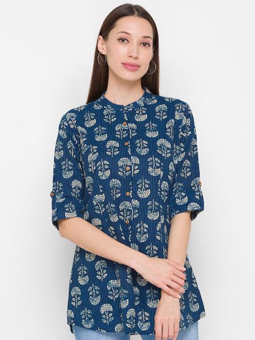 Zola Cotton Round Neck 3/4Th Sleeves Blue Floral Print Ethnic Wear Tunic For Women