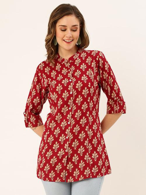 ZOLA Exclusive Mandarin Collar Rayon All Over Floral Block Print Maroon A-Line Tunic For Women