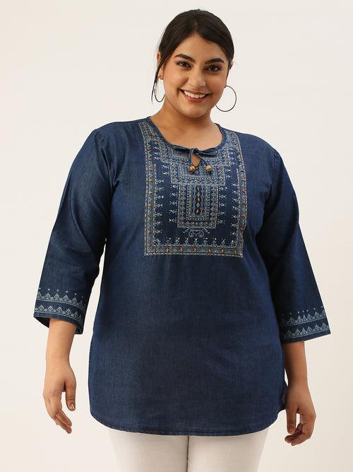 ZOLA Exclusive Round Tie-up Neck Denim Fabric Warli Print Hip Length Dx Blue Color Straight Tunic For Women