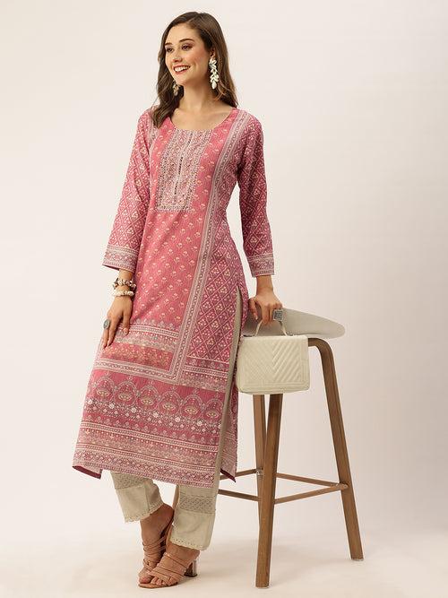 ZOLA Exclusive Round Neck Cotton All Over Floral Print Calf Length Pink Straight Kurta For Women