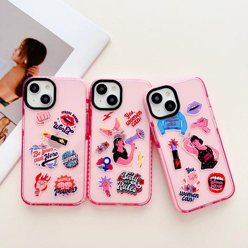 Women Can ! Assorted Stickers Designer Impact Proof Silicon Phone Case for iPhone