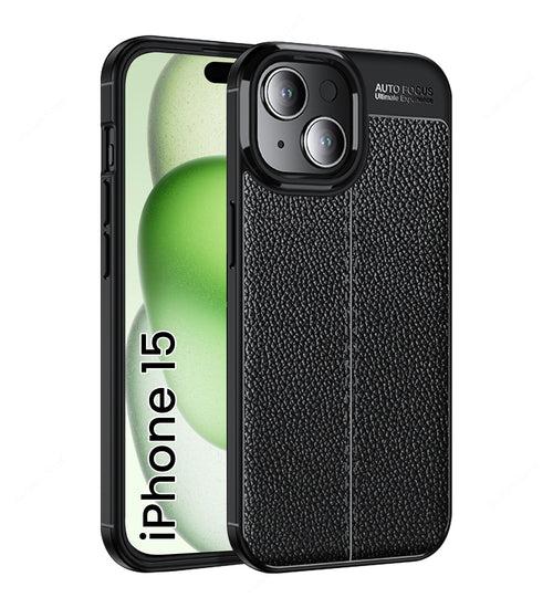 Leather Armor TPU Series Shockproof Armor Back Cover for Apple iPhone 15, 6.1 inch, Black