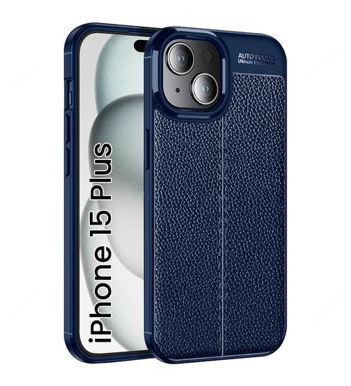 Leather Armor TPU Series Shockproof Armor Back Cover for Apple iPhone 15 Plus, 6.7 inch, Blue