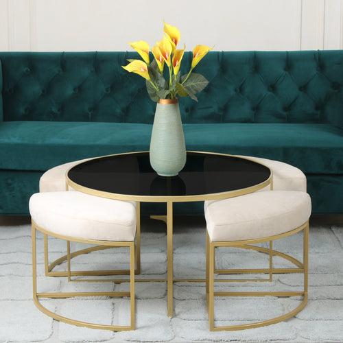 Benton Nesting Black Glass Coffee Table Set With 4 Stools In Gold Finish