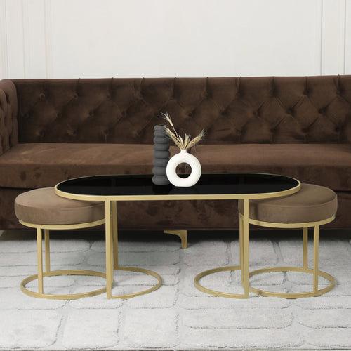 Benton Nesting Black Glass Coffee Table Set With 2 Stools In Gold Finish