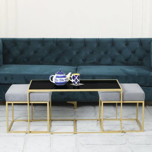 Benton Nesting Black Glass Coffee Table Set With 2 Stools In Gold Finish