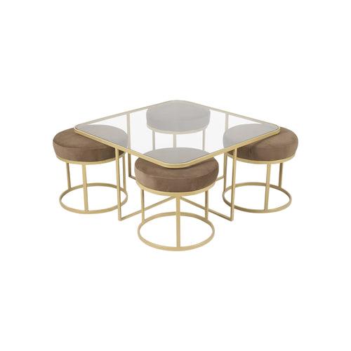 Benton Nesting Clear Glass Coffee Table Set With 4 Stools In Gold Finish