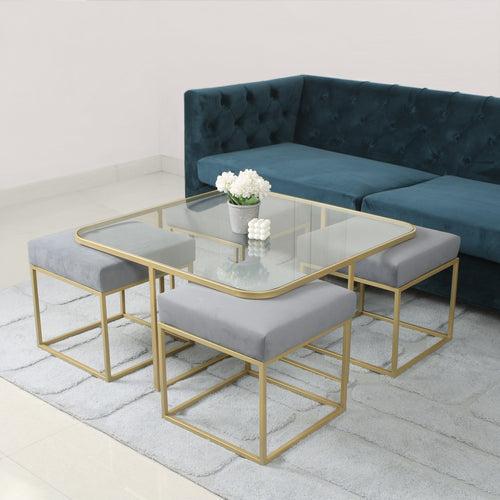 Benton Nesting Clear Glass Coffee Table Set With 4 Stools In Gold Finish