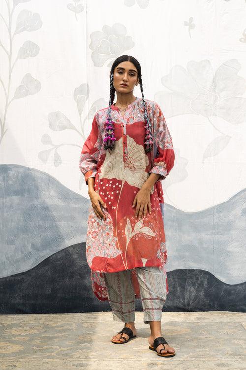 Red multicolor hand woven, hand printed silk cotton long shirt kurta Cord set
