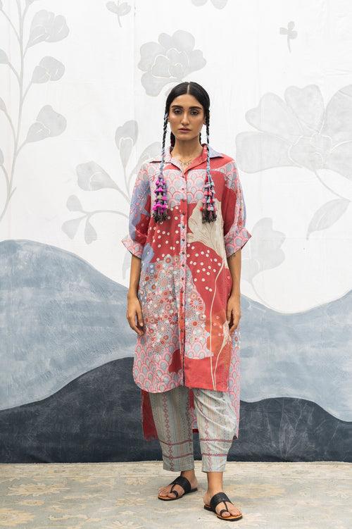 Red multicolor hand woven, hand printed Irene silk cotton antifit long shirt Cord Set