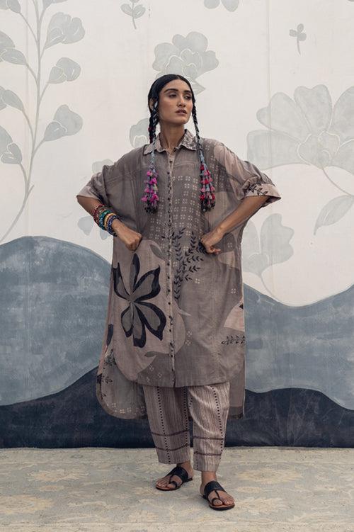 Grey and charcoal multicolor hand woven, hand printed Miranda silk cotton antifit long shirt Cord set