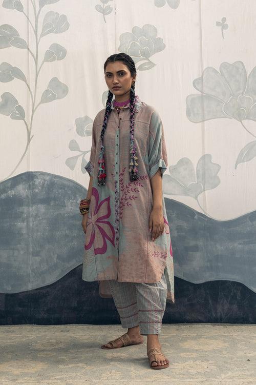 Pink and sky blue multicolor hand woven, hand printed Anam silk cotton antifit long shirt Cord set