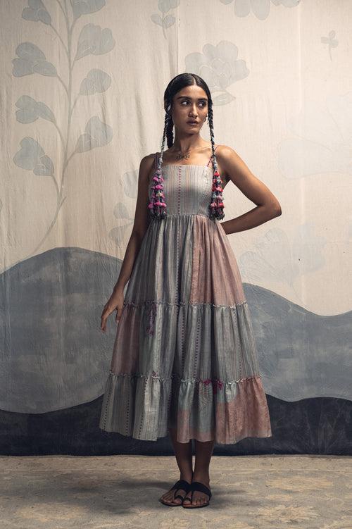 Pink and sky blue multicolor hand woven, hand printed Gloria silk cotton sleeveless tier dress.