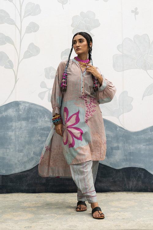 Pink and sky blue hand woven, hand printed Luisa silk cotton long antifit shirt Cord set.
