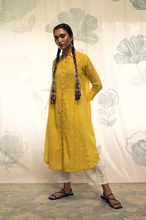 Yellow hand woven khadi cotton jamdani Sara long shirt.